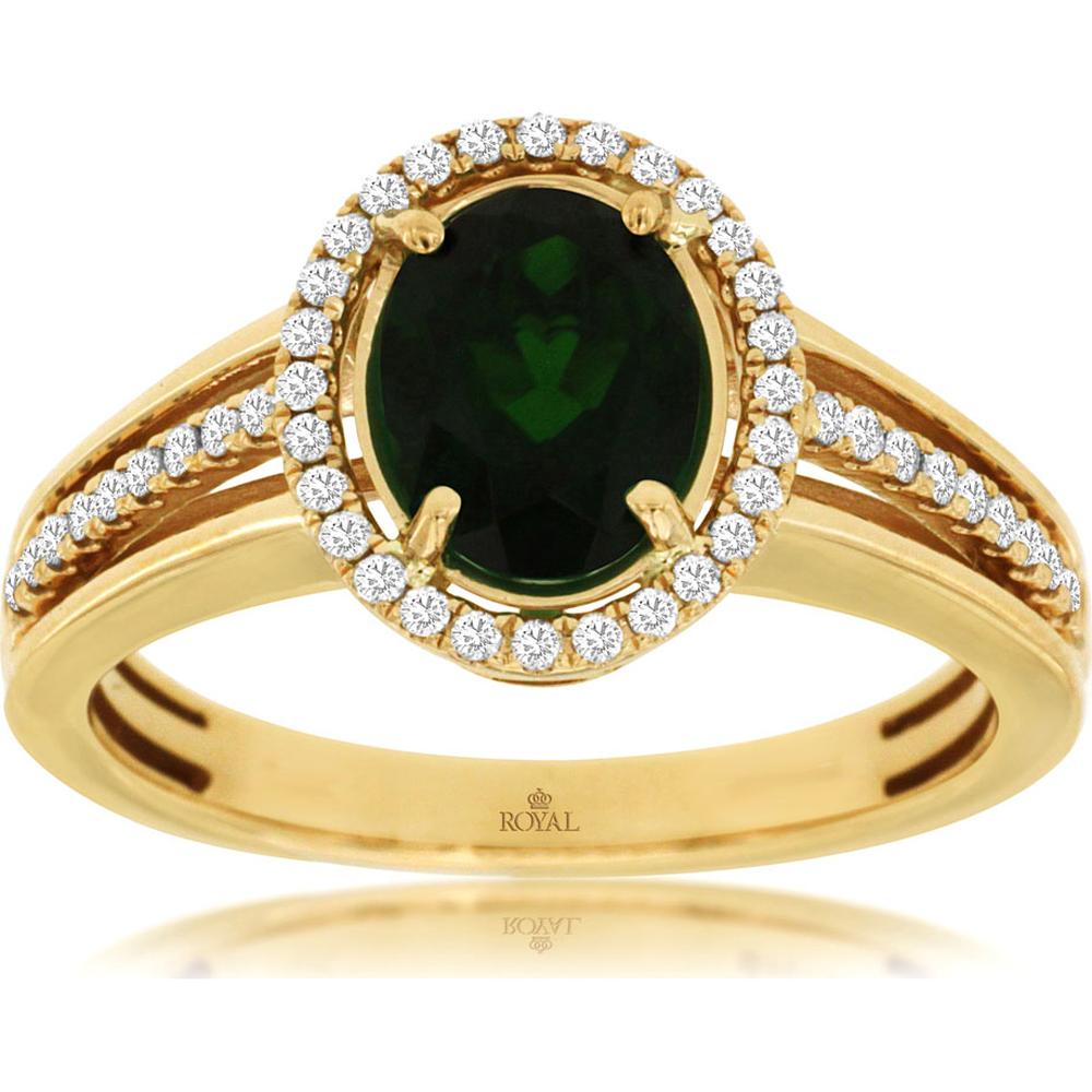 14K Yellow Gold Oval Russalite and Diamond Halo Ring with Split Shank Accents - 1.30 Carat Russalite and 0.20 Carat Total Diamond Weight - Royal Jewelry