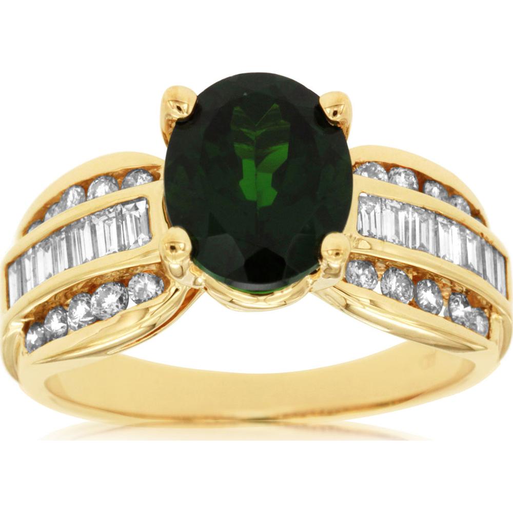 14K Yellow Gold Oval Russalite and Diamond Ring with Round and Baguette Diamonds - 2.60 Carat Russalite and 1.15 Carat Total Diamond Weight - Royal Jewelry