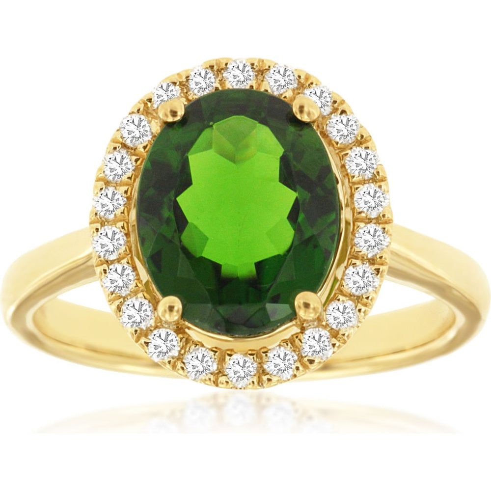 14K Yellow Gold Oval Russalite Ring with Diamond Halo - 2.50 Carat Russalite and 0.25 Carat Total Diamond Weight - Royal Jewelry