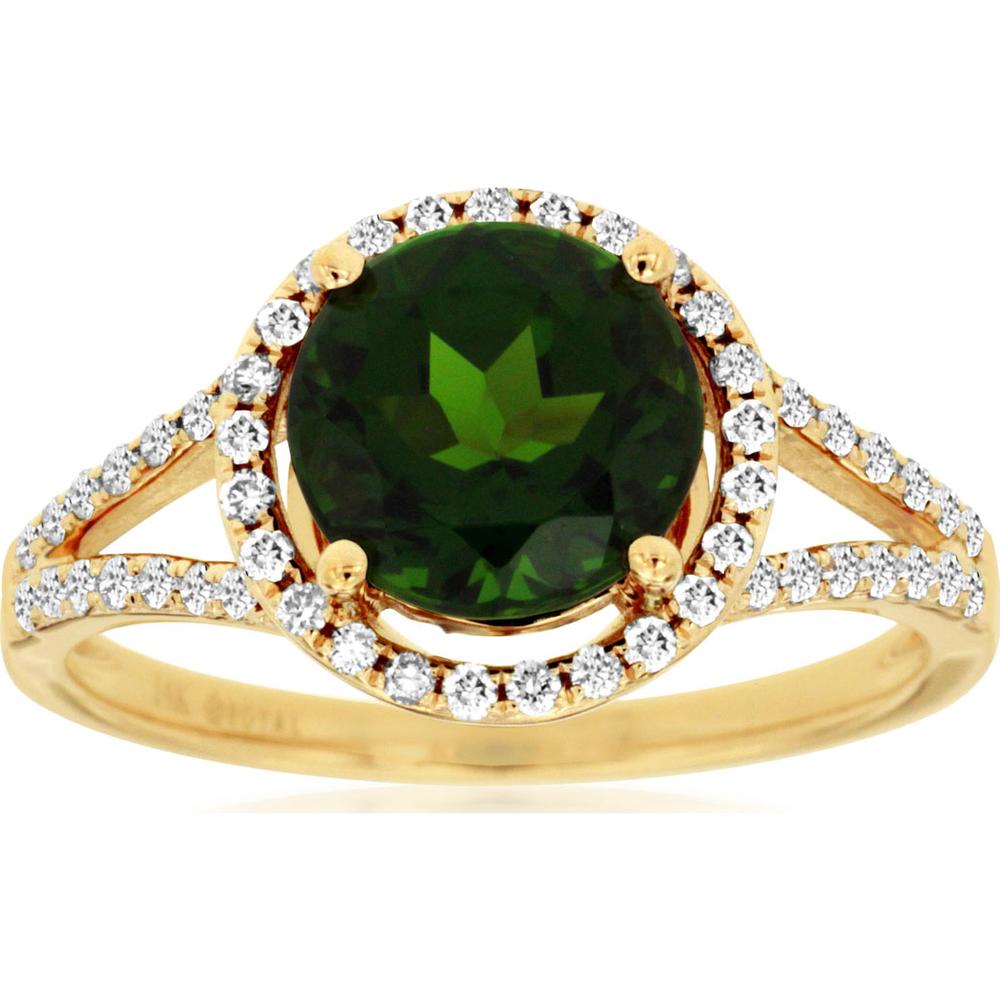 14K Yellow Gold Oval Russalite Ring with Diamond Halo and Split Shank - 2.00 Carat Russalite & 0.31 Carat Total Diamond Weight - Royal Jewelry