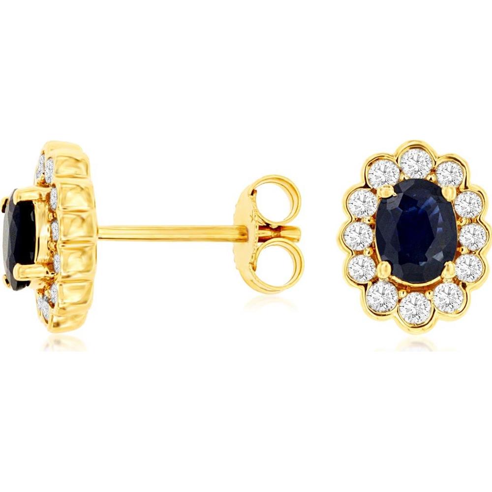 14K Yellow Gold Oval Sapphire and Diamond Floral Halo Stud Earrings - 0.88 Carat Total Sapphire Weight and 0.33 Carat Total Diamond Weight - Royal Jewelry