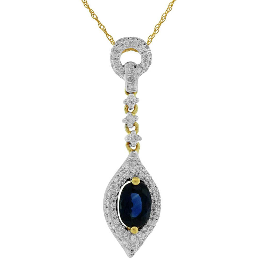 14K Yellow Gold Oval Sapphire & Diamond Halo Drop Pendant - 0.55 Carat Sapphire, 0.17 Carat Total Diamond Weight - Royal Jewelry