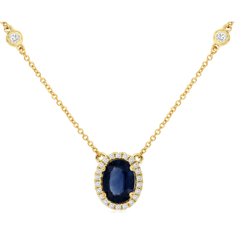 14K Yellow Gold Oval Sapphire and Diamond Halo Pendant Necklace with Bezel-Set Diamond Station Accents - 1.47 Carat Sapphire and 0.27 Carat Diamond Total Weight - Royal Jewelry