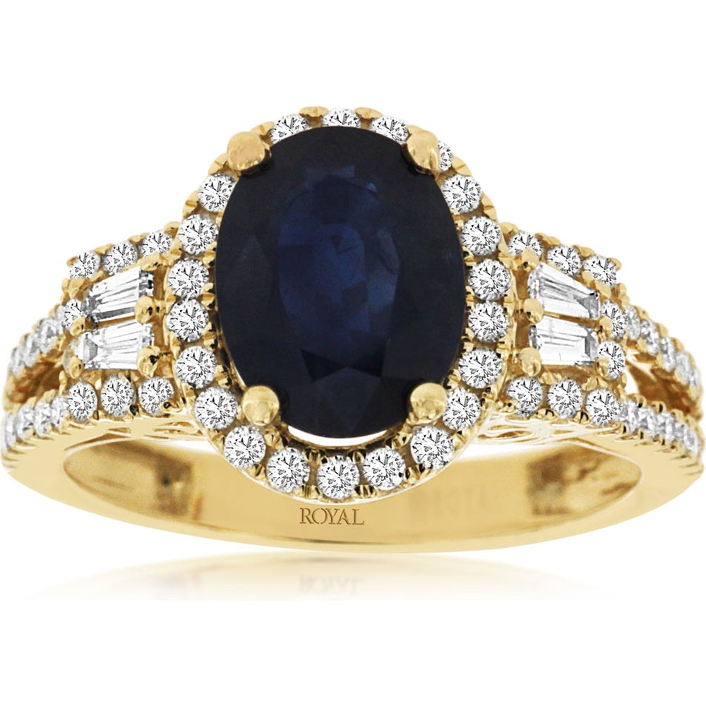 14K Yellow Gold Oval Sapphire and Diamond Halo Ring with Baguette Accents - 2.10 Carat Sapphire and 0.58 Carat Total Diamond Weight - Royal Jewelry