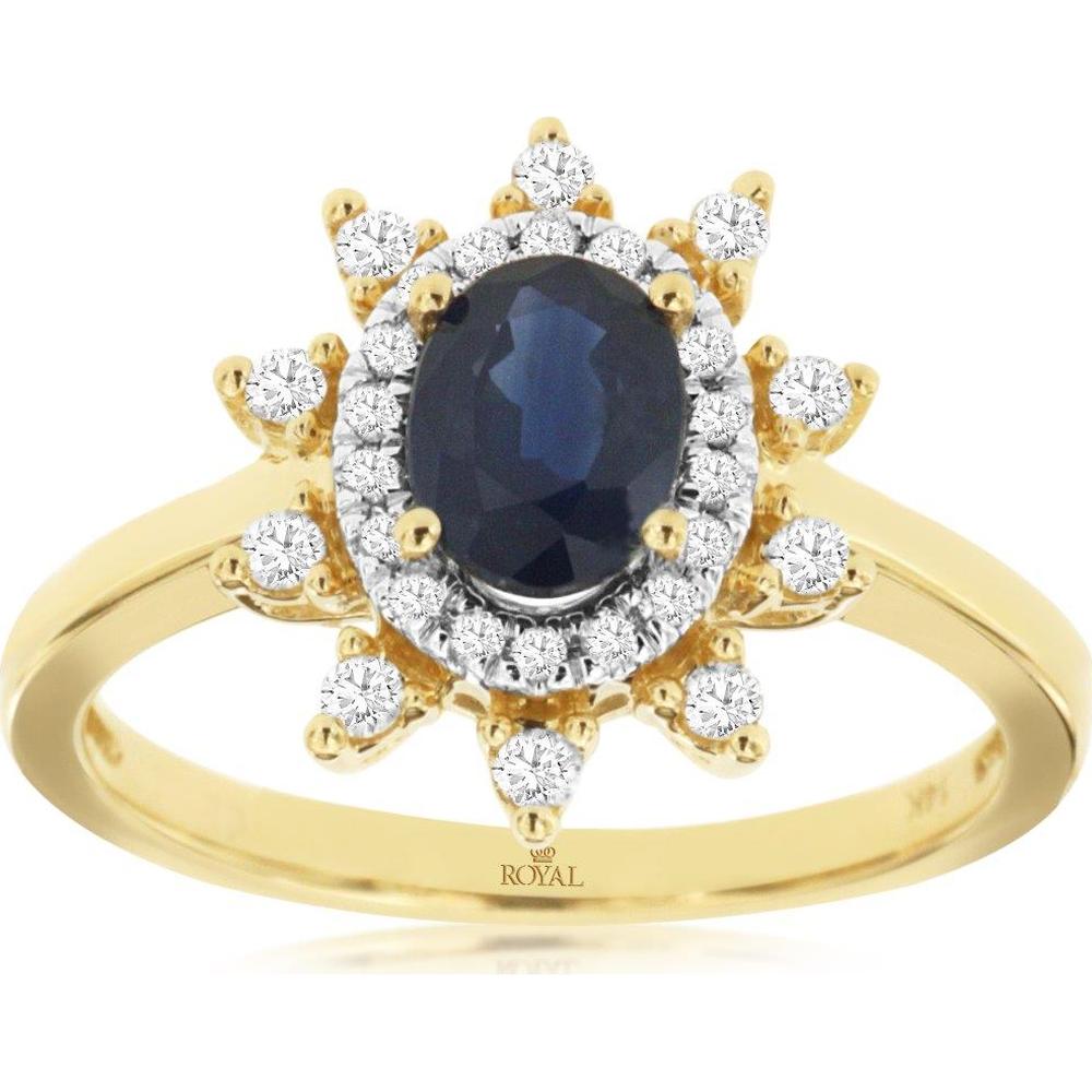 14K Yellow Gold Oval Sapphire and Diamond Halo Starburst Ring - 1.00 Carat Sapphire, 0.25 Carat Total Diamond Weight - Royal Jewelry