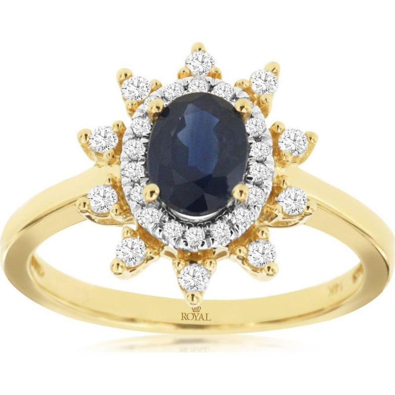 14K Yellow Gold Oval Sapphire and Diamond Halo Starburst Ring - 1.00 C ...