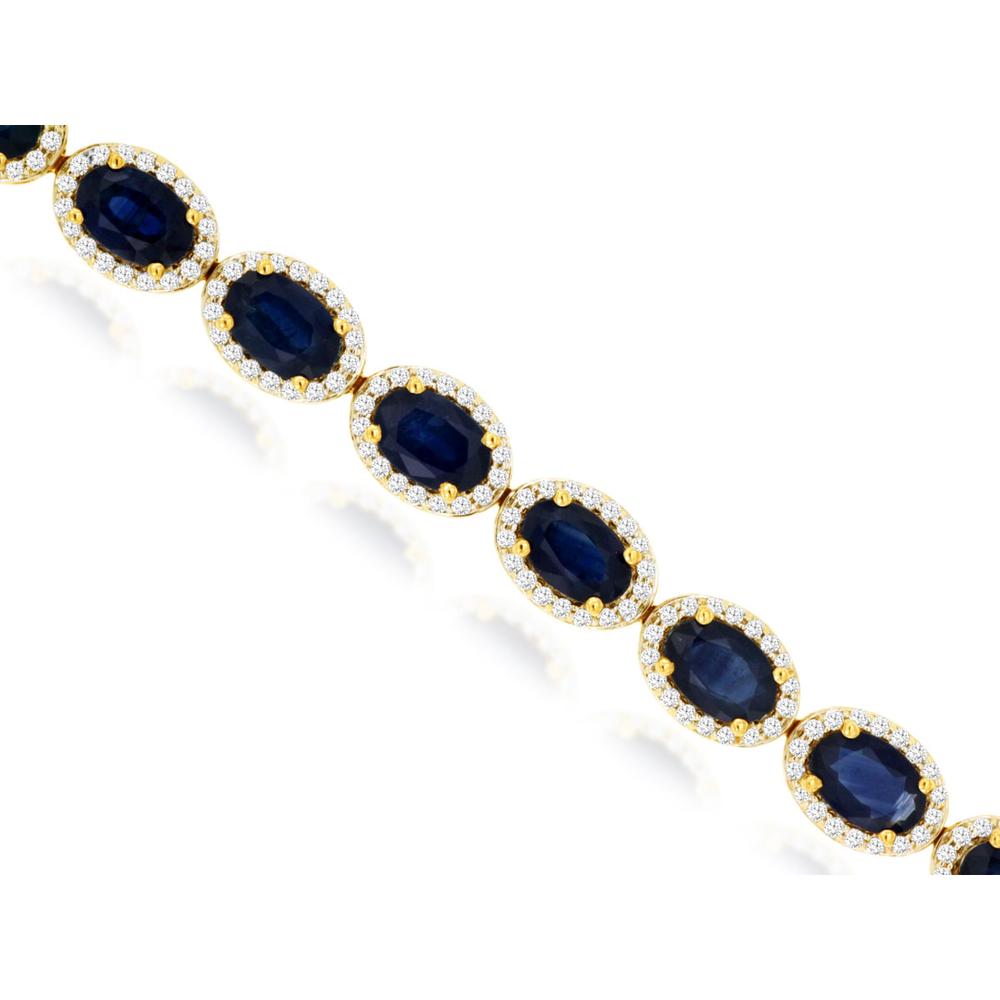 14K Yellow Gold Oval Sapphire and Diamond Halo Station Bracelet - 12.00 Carat Sapphire and 1.40 Carat Diamond Total Weight - Royal Jewelry