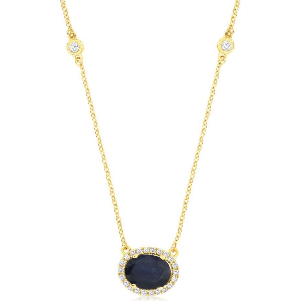 14K Yellow Gold Oval Sapphire and Diamond Halo Station Necklace - 1.47 Carat Sapphire and 0.27 Carat Total Diamond Weight - Royal Jewelry
