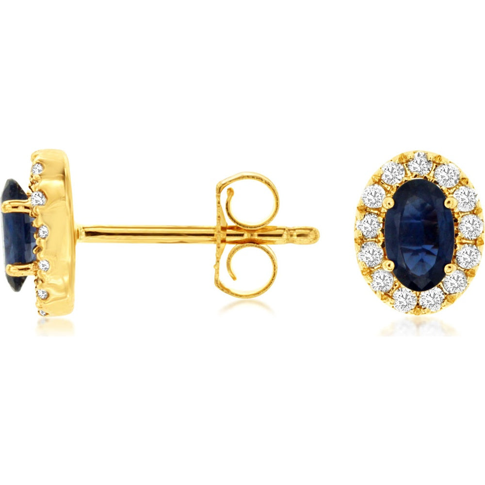 14K Yellow Gold Oval Sapphire and Diamond Halo Stud Earrings - 0.56 Carat Total Sapphire Weight and 0.18 Carat Total Diamond Weight - Royal Jewelry