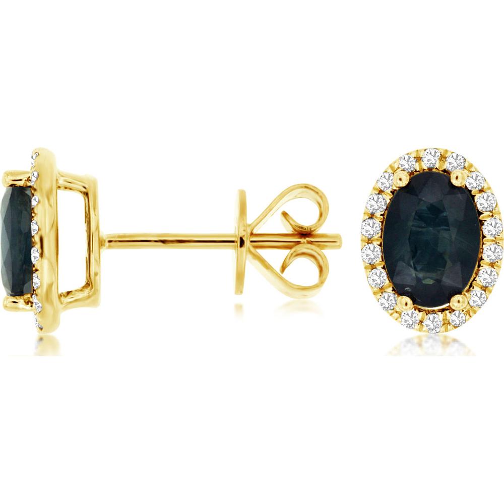 14K Yellow Gold Oval Sapphire and Diamond Halo Stud Earrings - 2.00 Carat Total Sapphire Weight, 0.19 Carat Total Diamond Weight - Royal Jewelry