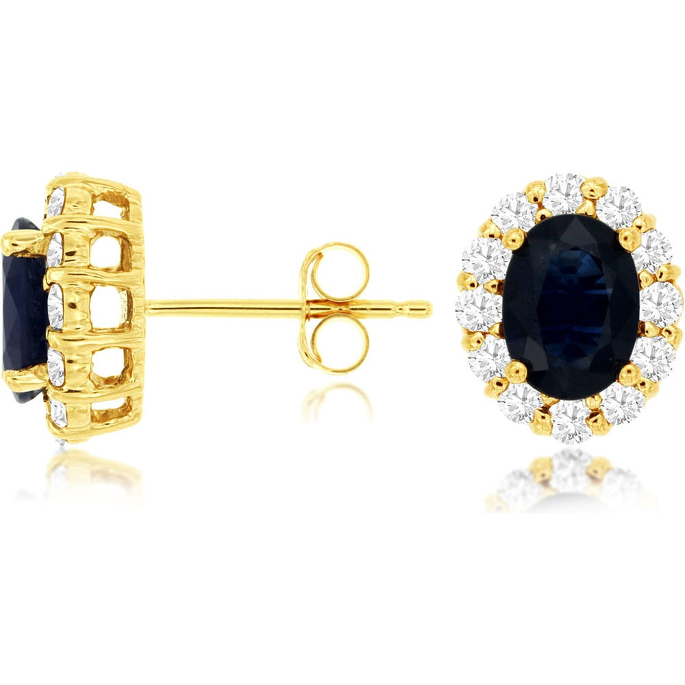 14K Yellow Gold Oval Sapphire and Diamond Halo Stud Earrings - 2.00 Carat Total Sapphire Weight and 0.60 Carat Total Diamond Weight - Royal Jewelry