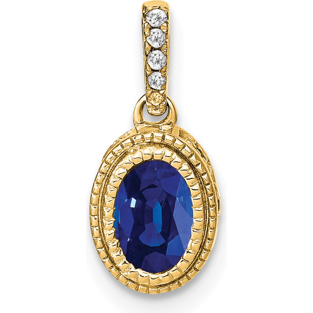 14K Yellow Gold Oval Sapphire and Diamond Pendant with Beaded Detail - 0.6 Carat Sapphire, 0.03 Carat Total Diamond Weight by Lumare Gioia