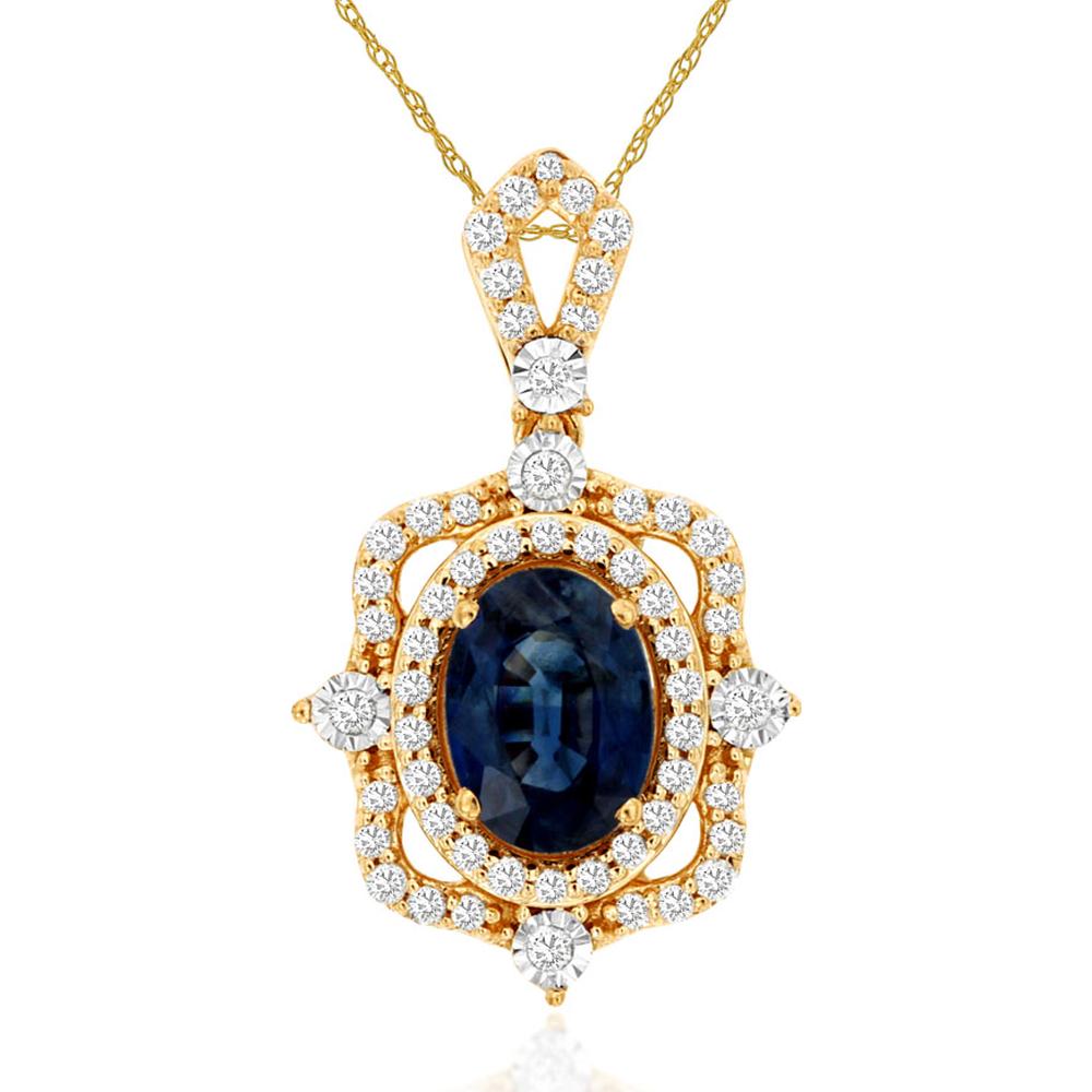14K Yellow Gold Oval Sapphire and Diamond Pendant with Diamond Accent Bail - 1.00 Carat Sapphire and 0.25 Carat Total Diamond Weight - Royal Jewelry