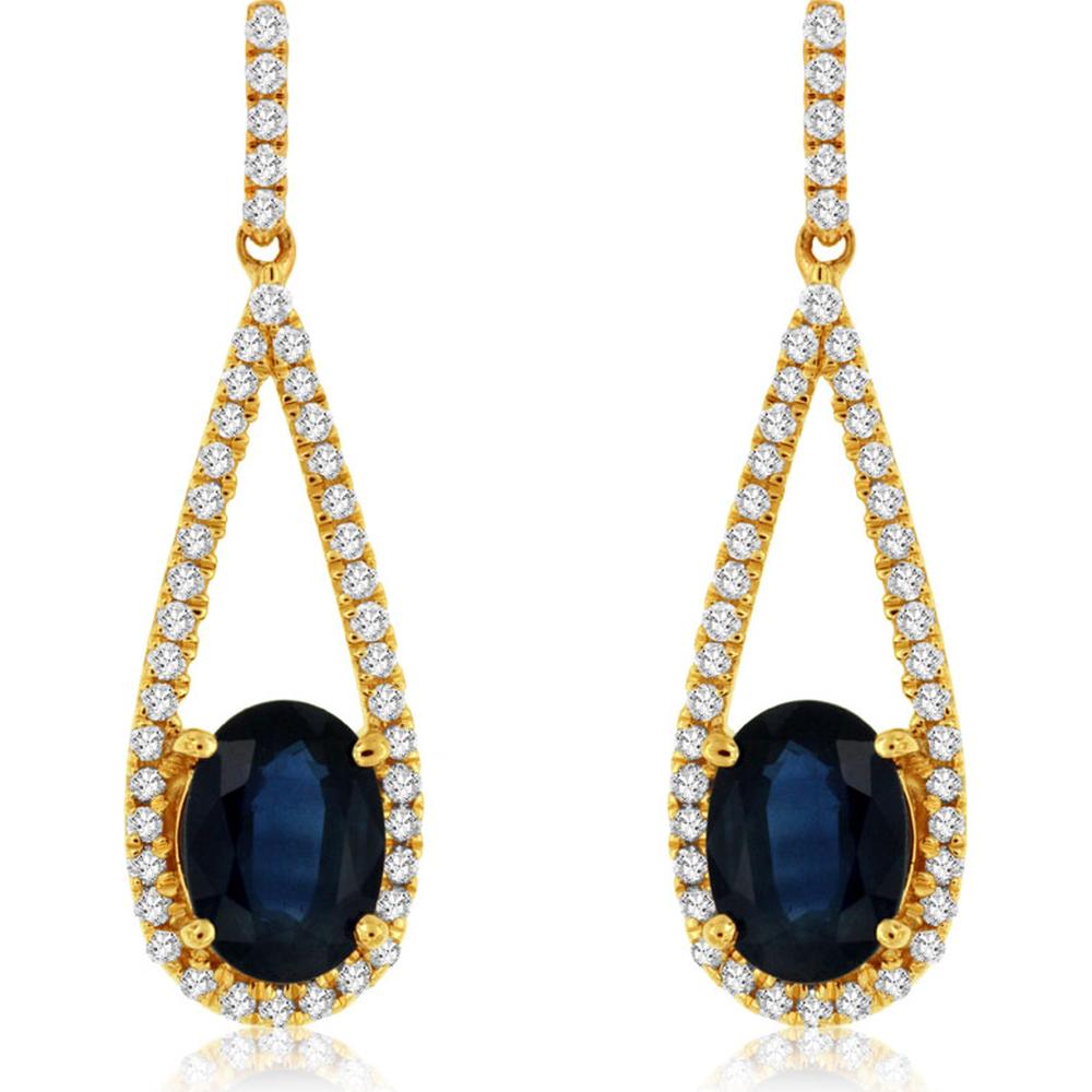 14K Yellow Gold Oval Sapphire and Diamond Teardrop Halo Earrings - 2.00 Carat Total Sapphire Weight, 0.35 Carat Total Diamond Weight - Royal Jewelry