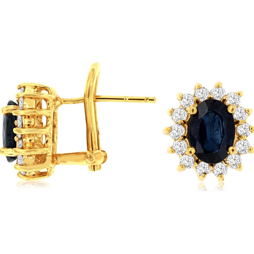 14K Yellow Gold Oval Sapphire and Round Diamond Halo Stud Earrings - 2.00 Carat Total Sapphire Weight, 0.60 Carat Total Diamond Weight - Royal Jewelry