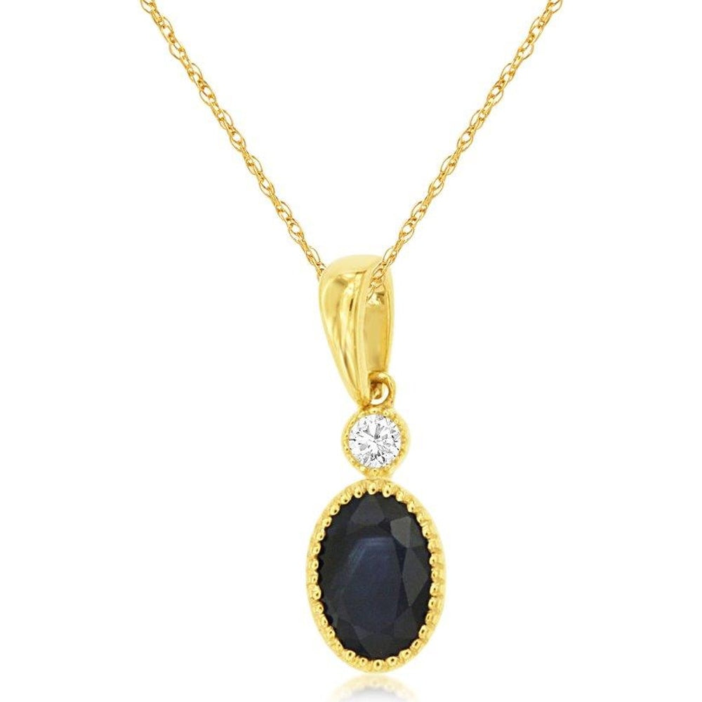 14K Yellow Gold Oval Sapphire and Round Diamond Pendant with Milgrain Detail - 0.58 Carat Sapphire and 0.03 Carat Diamond Total Weight - Royal Jewelry