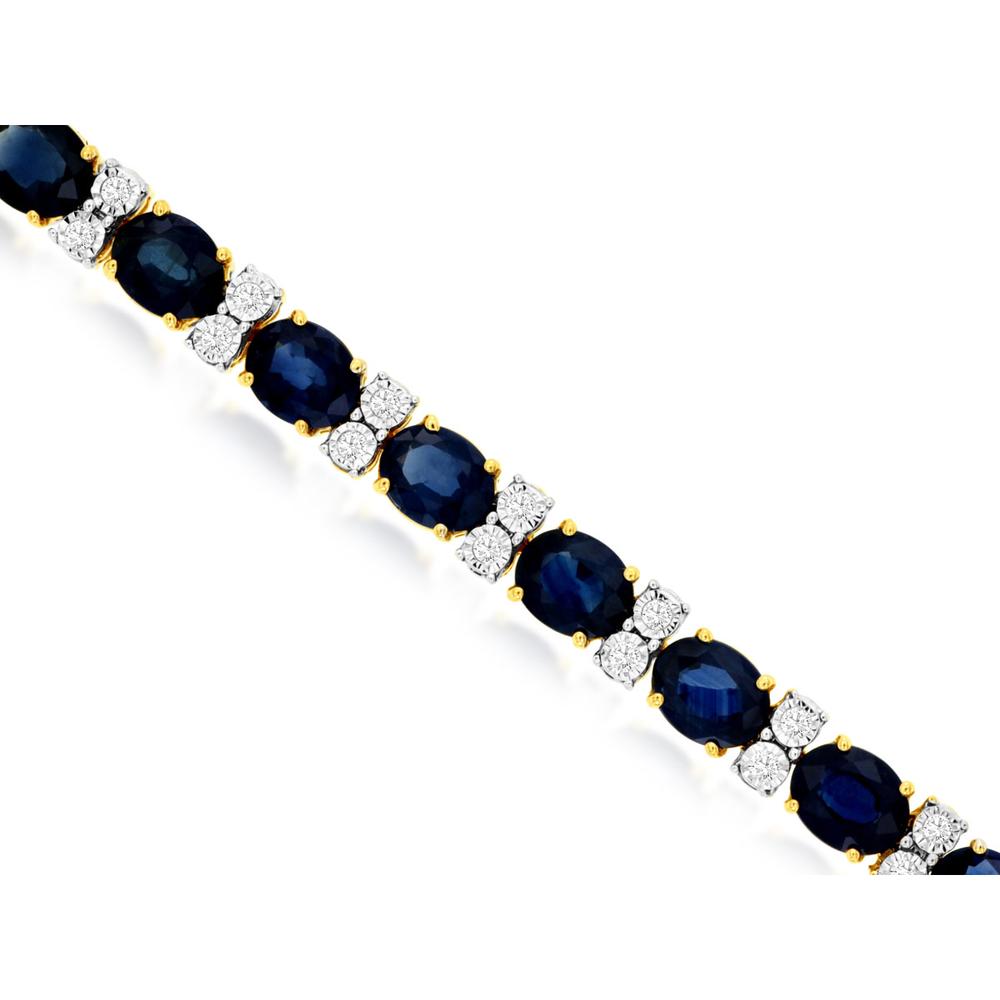 14K Yellow Gold Oval Sapphire & Round Diamond Tennis Bracelet - 11.00 Carat Sapphire Total Weight & 0.38 Carat Diamond Total Weight - Royal Jewelry