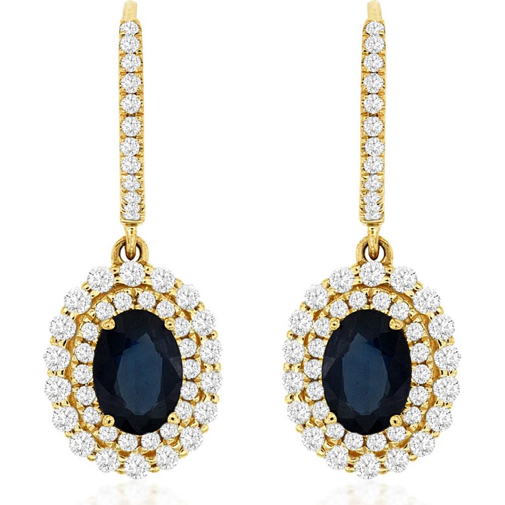 14K Yellow Gold Oval Sapphire Drop Earrings with Double Diamond Halo - 2.00 Carat Sapphire Total Weight, 0.85 Carat Diamond Total Weight - Royal Jewelry