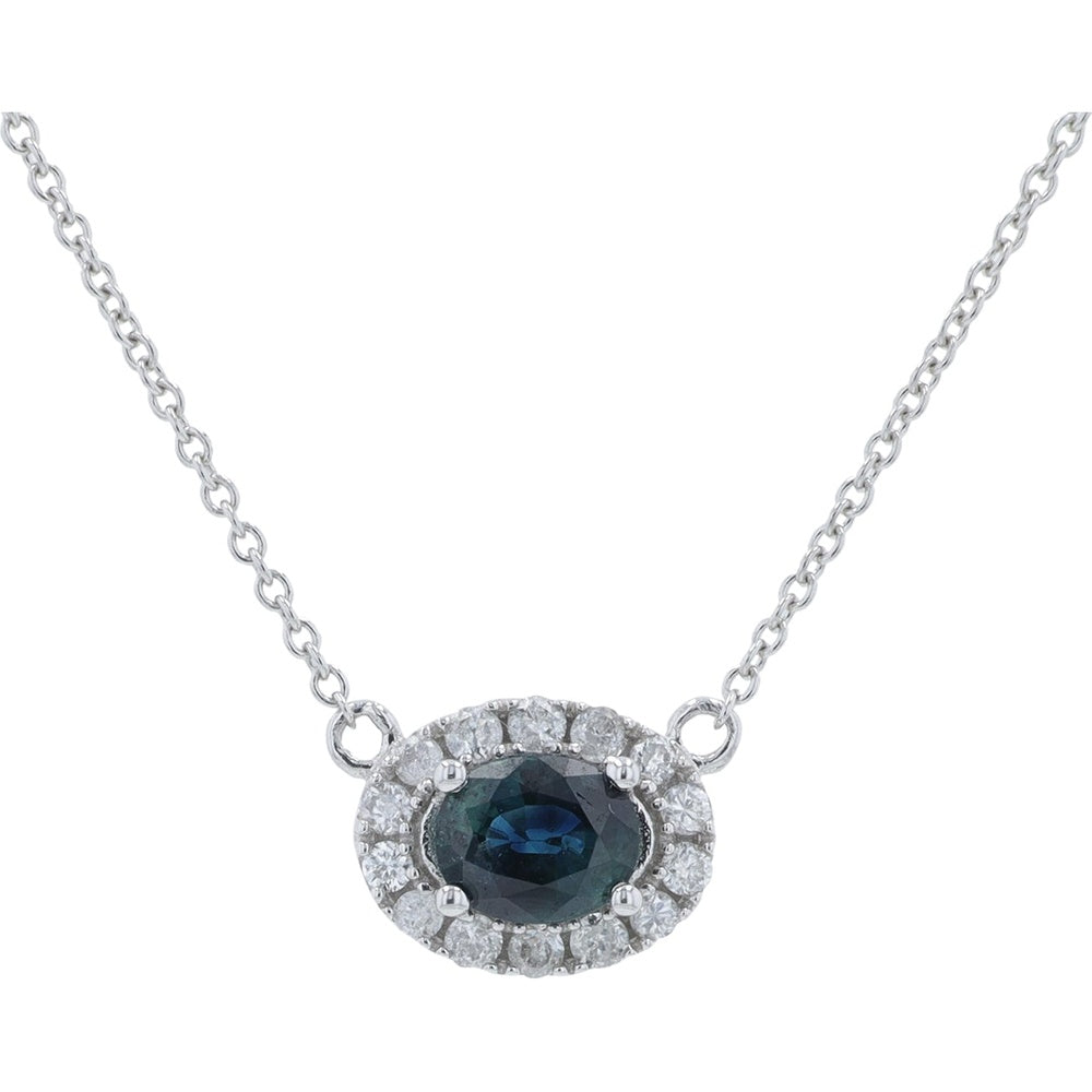 14K Yellow Gold Oval Sapphire Halo Necklace with Round Diamond Accents - 0.62 Carat Sapphire and 0.15 Carat Total Diamond Weight