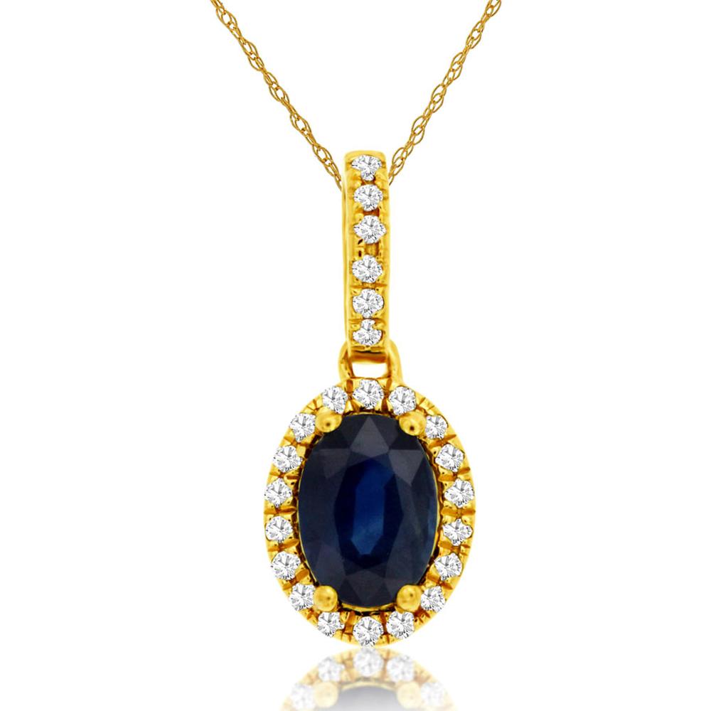 14K Yellow Gold Oval Sapphire Halo Pendant Necklace with 0.12 Carat Round Diamond Accents & Diamond Bail - 1.00 Carat Total Sapphire Weight - Royal Jewelry