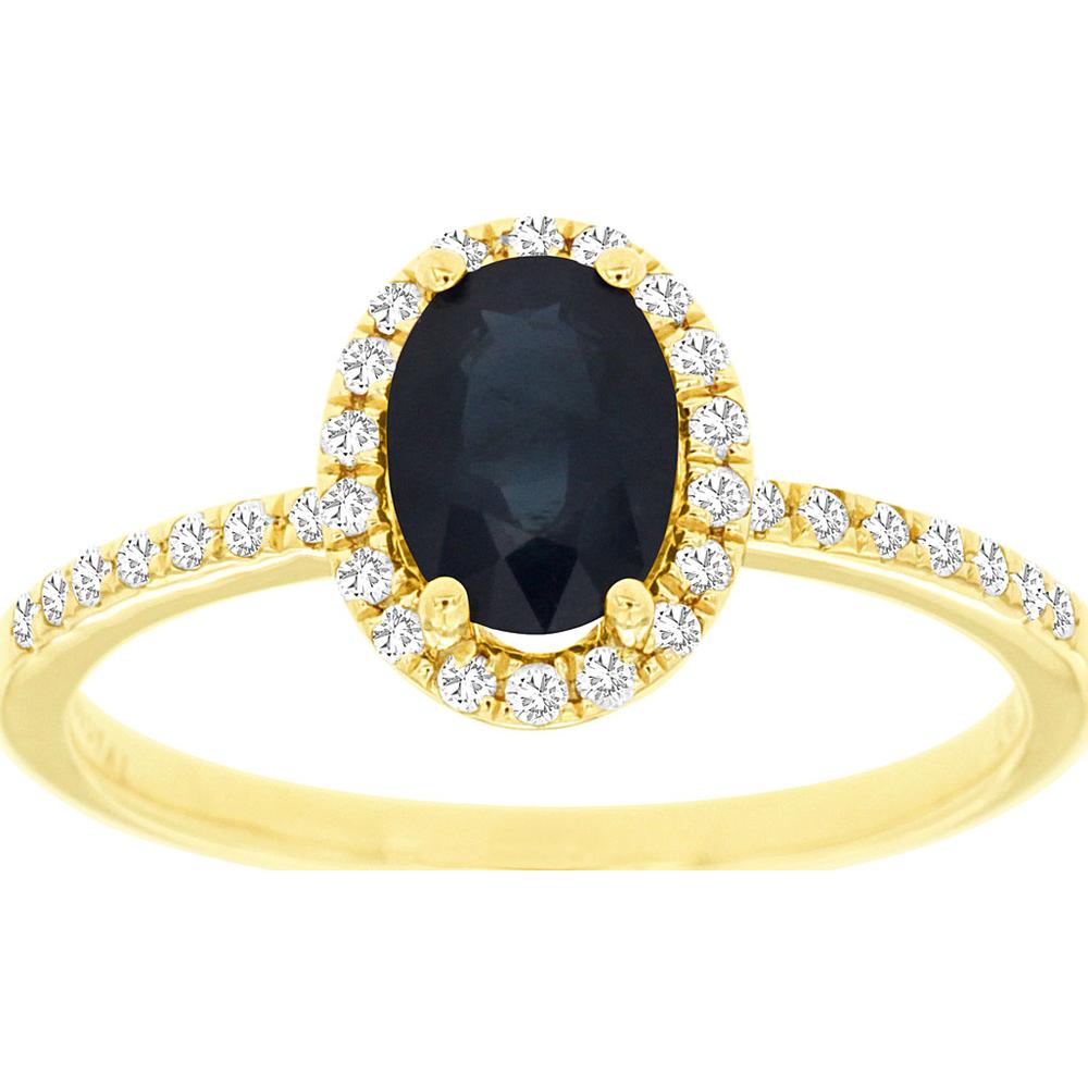 14K Yellow Gold Oval Sapphire Halo Ring with Diamond Accents - 1.00 Carat Sapphire & 0.17 Carat Total Diamond Weight - Royal Jewelry