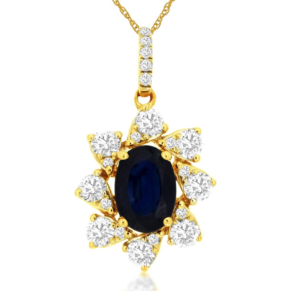 14K Yellow Gold Oval Sapphire Pendant with Diamond Halo Accents - 1.00 Carat Sapphire and 0.47 Carat Total Diamond Weight - Royal Jewelry