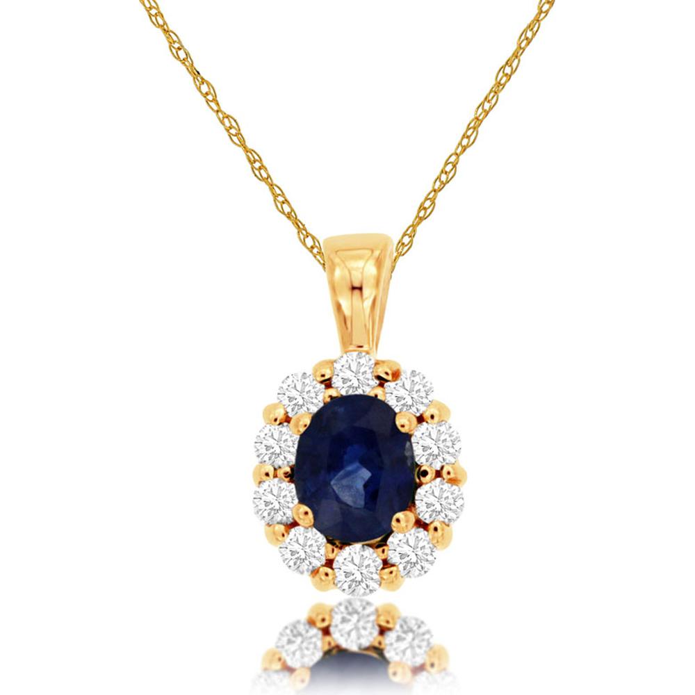 14K Yellow Gold Oval Sapphire Pendant with Round Diamond Halo - 0.44 Carat Sapphire & 0.20 Carat Total Diamond Weight - Royal Jewelry