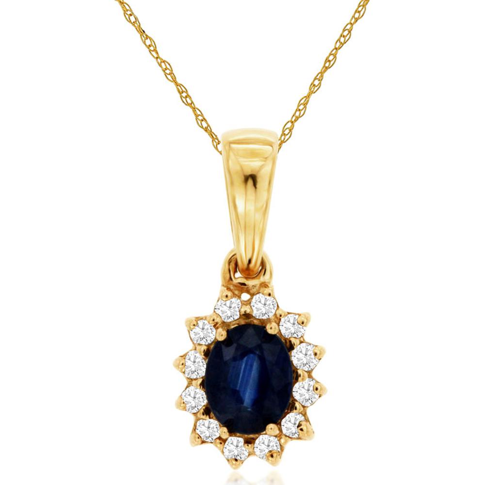 14K Yellow Gold Oval Sapphire Pendant with Round Diamond Halo - 0.45 Carat Sapphire and 0.10 Carat Total Diamond Weight - Royal Jewelry