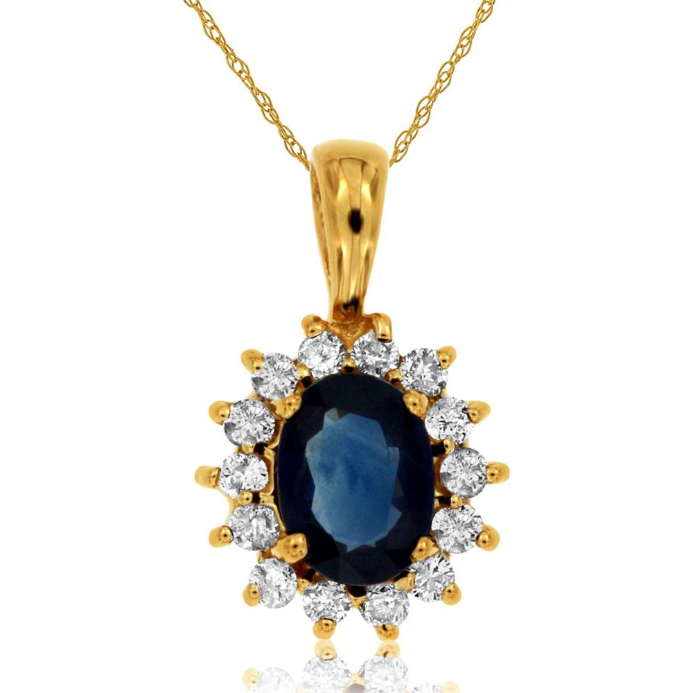 14K Yellow Gold Oval Sapphire Pendant with Round Diamond Halo - 1.00 Carat Sapphire and 0.30 Carat Total Diamond Weight - Royal Jewelry