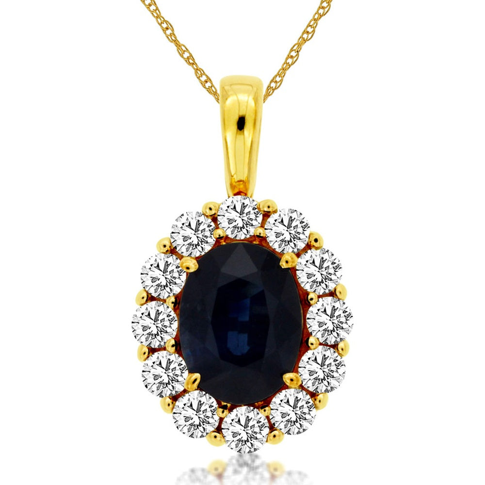 14K Yellow Gold Oval Sapphire Pendant with Round Diamond Halo - 1.47 Carat Sapphire and 0.75 Carat Total Diamond Weight - Royal Jewelry