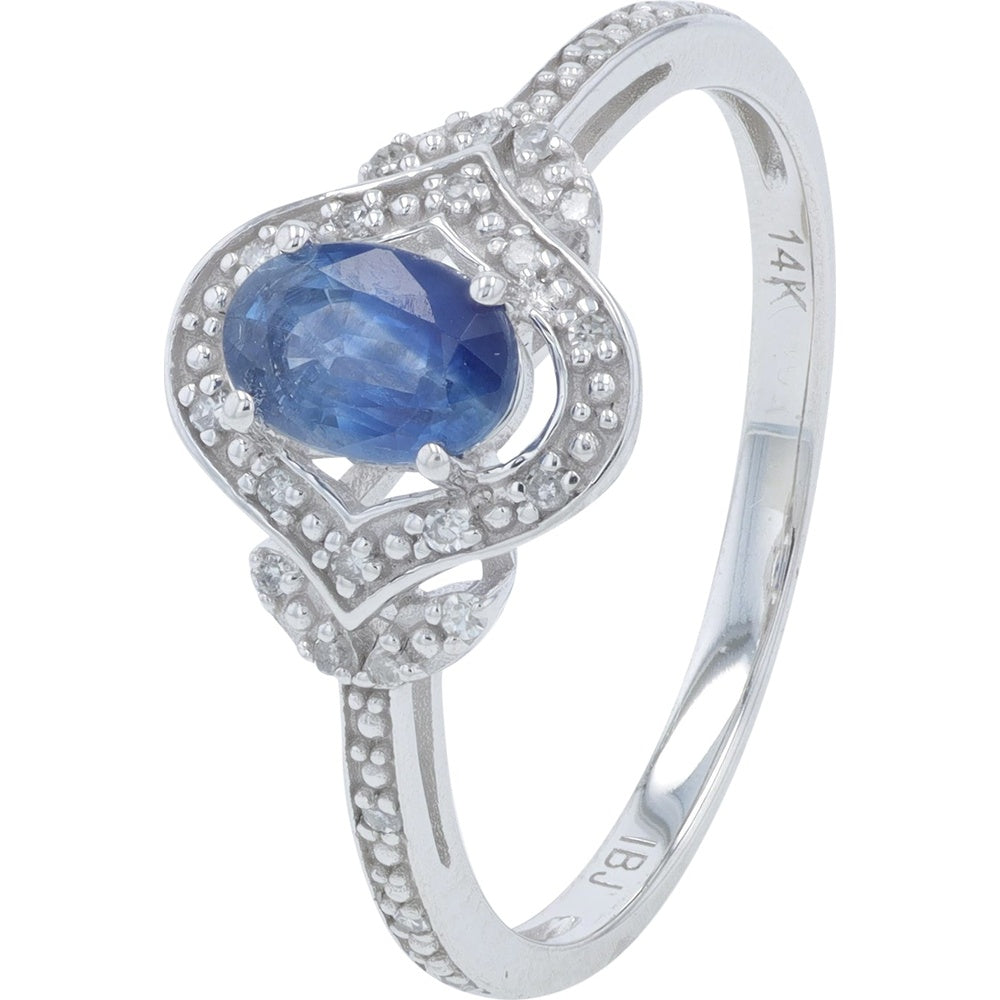14K Yellow Gold Oval Sapphire Ring with Diamond Accent Halo and Milgrain Detail - 0.50 Carat Sapphire and 0.07 Carat Total Diamond Weight