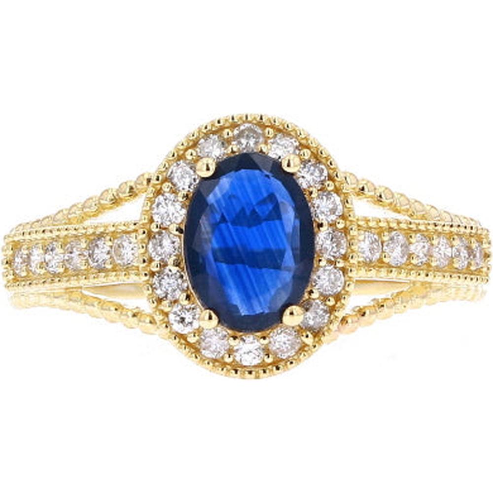14K Yellow Gold Oval Sapphire Ring with Halo of Round Diamonds - 0.78 Carats Sapphire, 0.28 Carats Total Diamond Weight