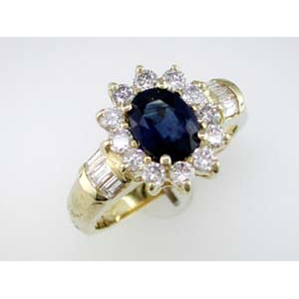 14K Yellow Gold Oval Sapphire Ring with Round and Baguette Diamond Accents - 1.40 Carat Sapphire and 1.03 Carat Total Diamond Weight - Royal Jewelry