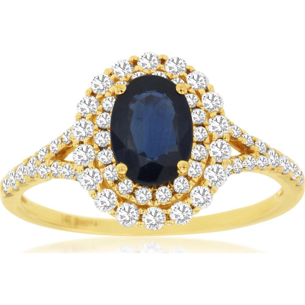 14K Yellow Gold Oval Sapphire Ring with Round Diamond Halo and Diamond Accents - 1.00 Carat Sapphire & 0.50 Carat Total Diamond Weight - Royal Jewelry