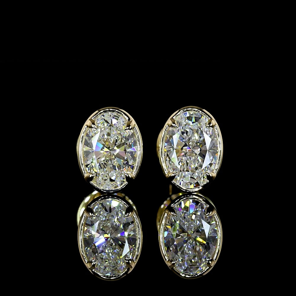 14K Yellow Gold Oval Shape Diamond Stud Earrings with Bezel and Prong Setting - 1.05 Carats Total Diamond Weight (E-F Color, VS Clarity, Lab Grown) - Covaloro Fine Jewelry