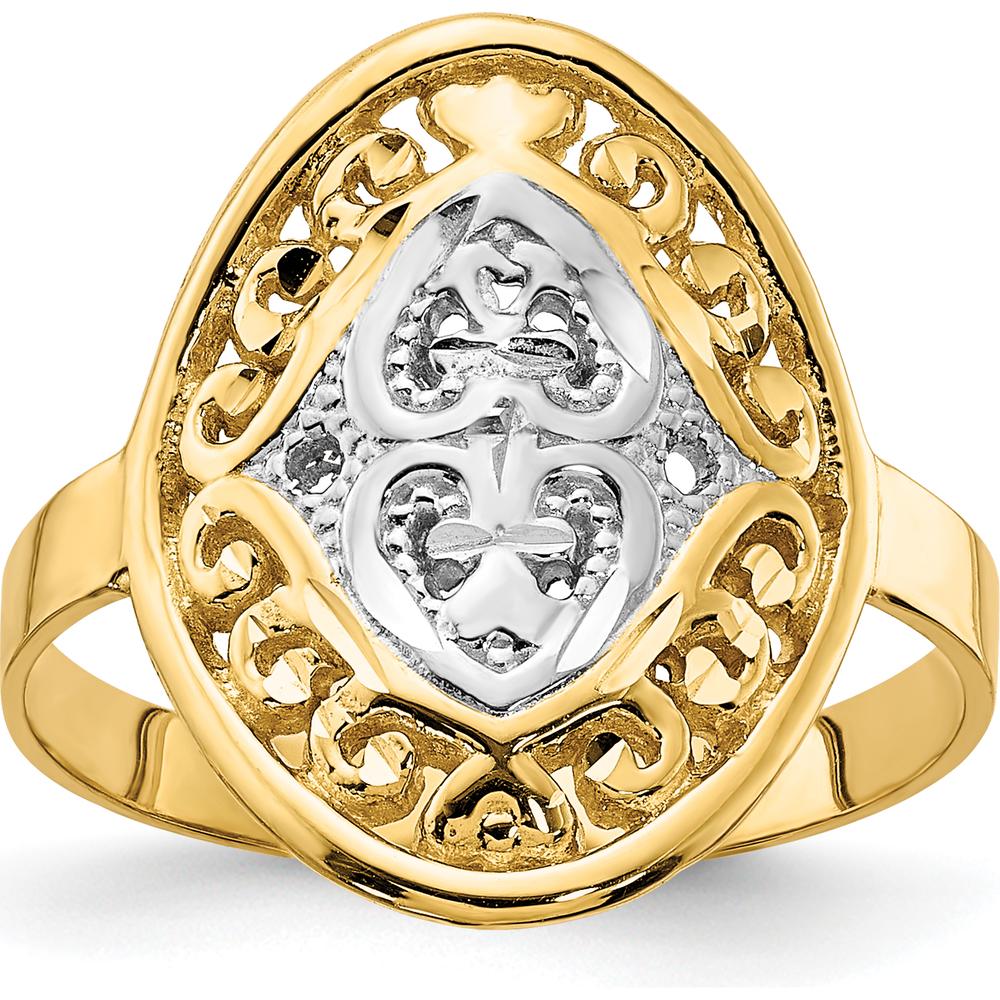 14K Yellow Gold Oval Shield Heart Ring with Rhodium Accents - Diamond-Cut Texture by 0