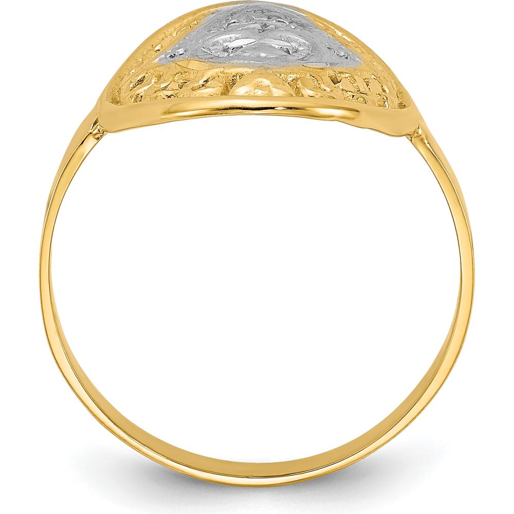 14K Yellow Gold Oval Shield Heart Ring with Rhodium Accents - Diamond-Cut Texture by 0