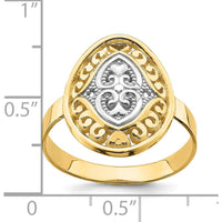 14K Yellow Gold Oval Shield Heart Ring with Rhodium Accents - Diamond-Cut Texture by 0