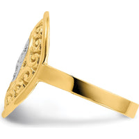 14K Yellow Gold Oval Shield Heart Ring with Rhodium Accents - Diamond-Cut Texture by 0
