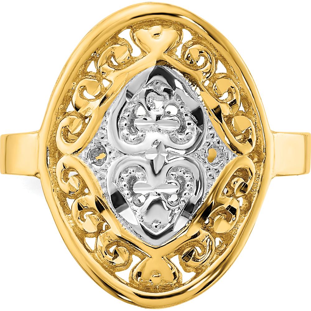 14K Yellow Gold Oval Shield Heart Ring with Rhodium Accents - Diamond-Cut Texture by 0