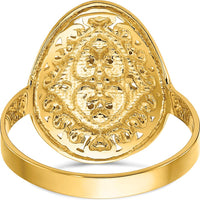 14K Yellow Gold Oval Shield Heart Ring with Rhodium Accents - Diamond-Cut Texture by 0