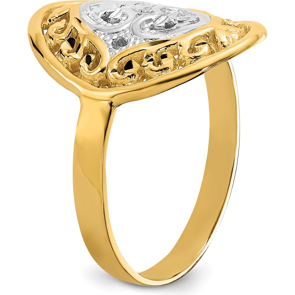 14K Yellow Gold Oval Shield Heart Ring with Rhodium Accents - Diamond-Cut Texture by 0