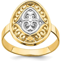 14K Yellow Gold Oval Shield Heart Ring with Rhodium Accents - Diamond-Cut Texture by 0