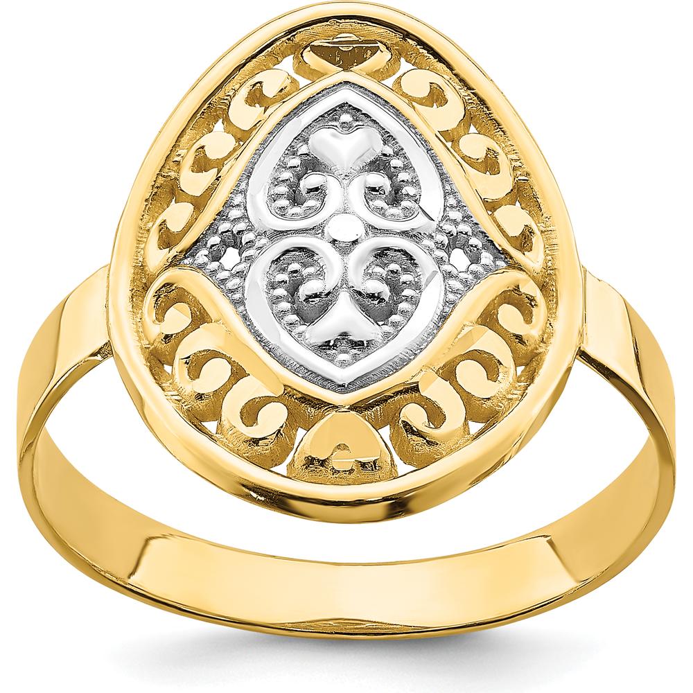 14K Yellow Gold Oval Shield Heart Ring with Rhodium Accents - Diamond-Cut Texture by 0