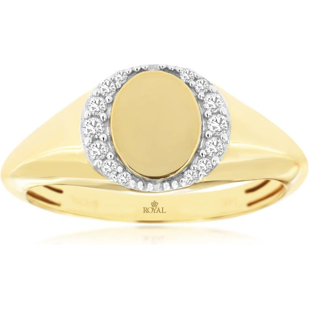 14K Yellow Gold Oval Signet Ring with Round Diamond Halo - 0.11 Carat Total Diamond Weight - Royal Jewelry