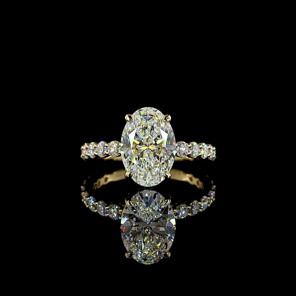 14K Yellow Gold Oval Solitaire Diamond Shank Ring with 3.04 Carat E VVS2 Lab Diamond and 0.89 Carat Brilliant Cut Round Diamond Accents - 3.93 Carat Total Diamond Weight - Covaloro Fine Jewelry