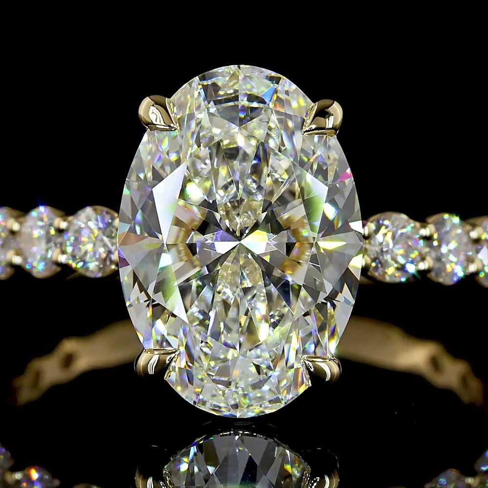 14K Yellow Gold Oval Solitaire Diamond Shank Ring with 3.04 Carat E VVS2 Lab Diamond and 0.89 Carat Brilliant Cut Round Diamond Accents - 3.93 Carat Total Diamond Weight - Covaloro Fine Jewelry