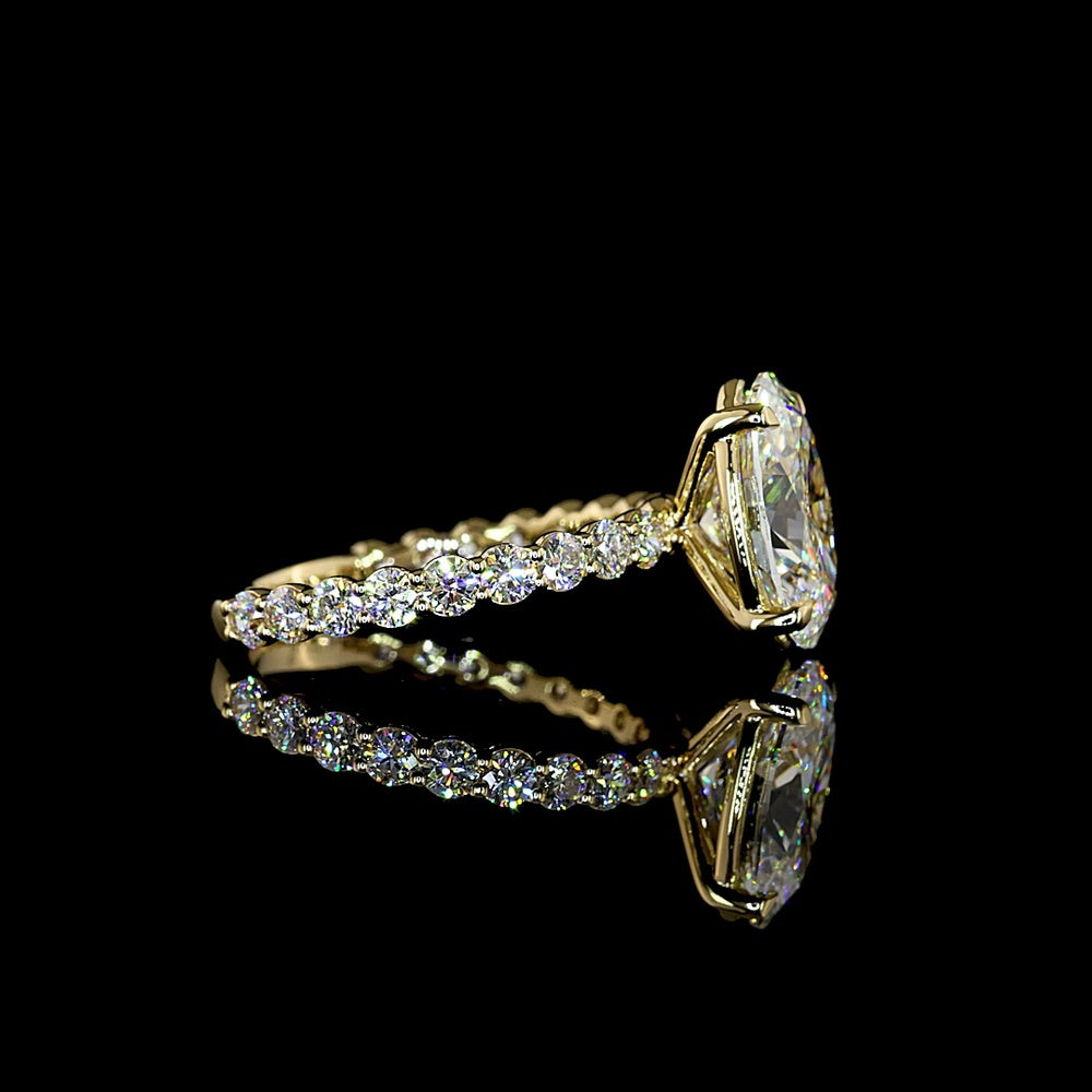 14K Yellow Gold Oval Solitaire Diamond Shank Ring with 3.04 Carat E VVS2 Lab Diamond and 0.89 Carat Brilliant Cut Round Diamond Accents - 3.93 Carat Total Diamond Weight - Covaloro Fine Jewelry