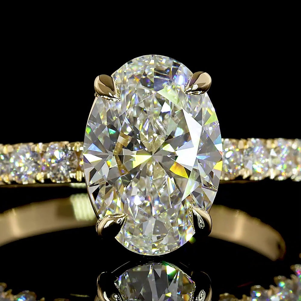 14K Yellow Gold Oval Solitaire Engagement Ring with Brilliant Cut Diamond Pavé Shank - 2.46 Carats Total Diamond Weight (IGI Certified) - Covaloro Fine Jewelry