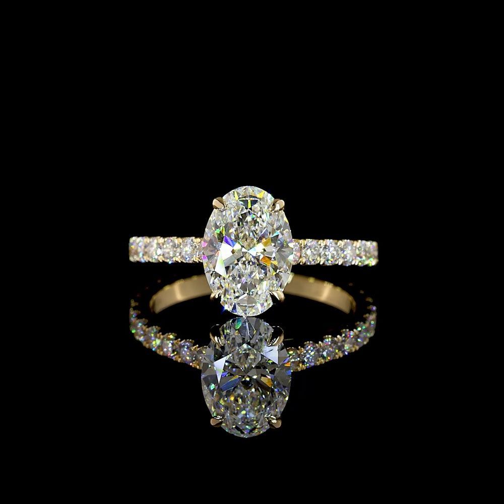 14K Yellow Gold Oval Solitaire Shank Ring with 2.02 Carat Oval Lab Diamond Center and 0.73 Carat Brilliant Cut Accent Diamonds - Total 2.75 Carat - IGI Certified E VVS2 - Covaloro Fine Jewelry